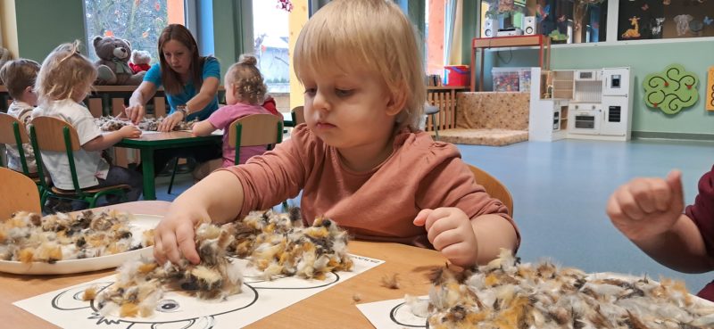 Dzieci wyklejają misie, grupa 2